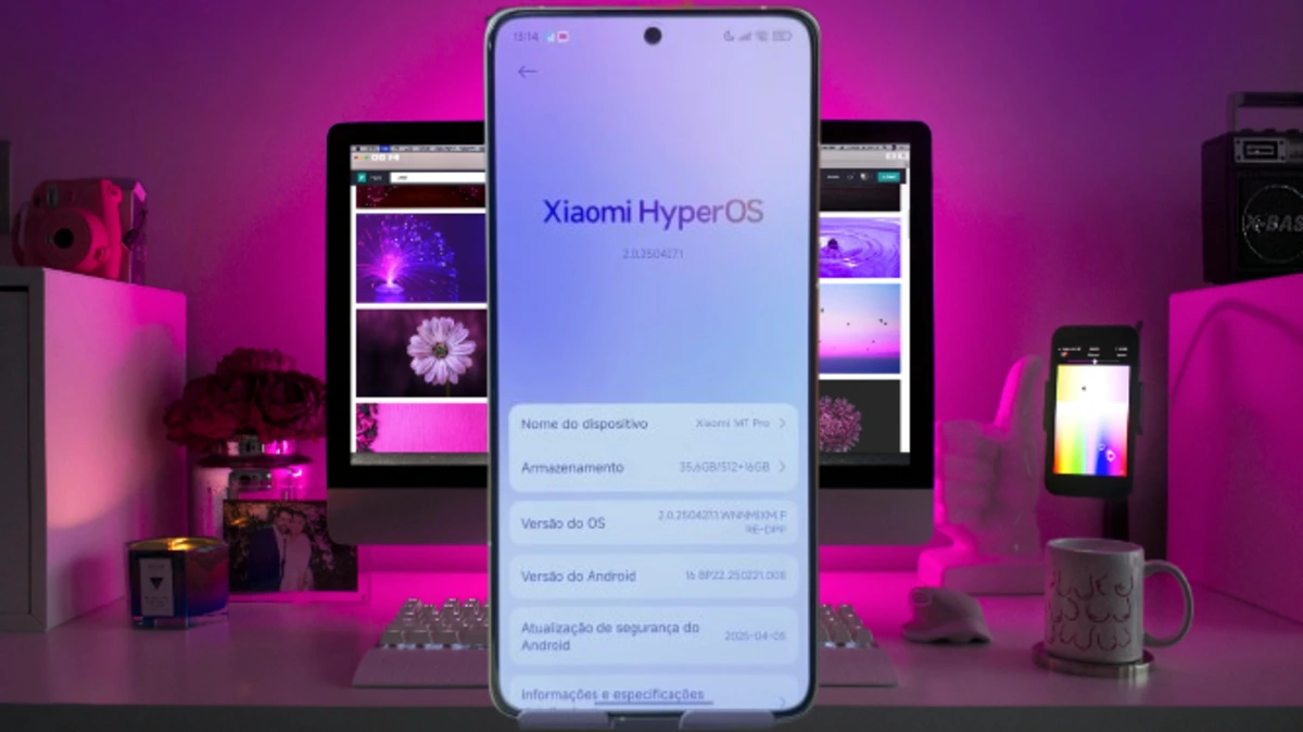 Xiaomi Acelera! O Que o HyperOS 2.3 (com Android 16) e as Novas Atualizações 2.2 Significam para Você. 1 Tela de smartphone Xiaomi com HyperOS, indicando versão do sistema e do Android, para artigo sobre HyperOS 2.3 e Android 16.