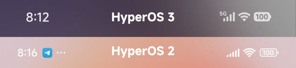 Comparação entre o antigo e novo indicador de bateria do Xiaomi HyperOS 3