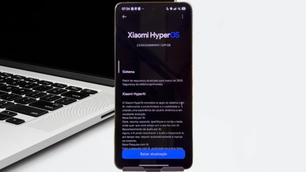 HyperOS 2.1 Está Chegando: Dezenas de Celulares Redmi e Poco Recebem Grande Atualização 1 Tela de celular Xiaomi exibindo atualização HyperOS 2.0.104.0 com Patch de Segurança de Março de 2025 e recursos HyperAI.