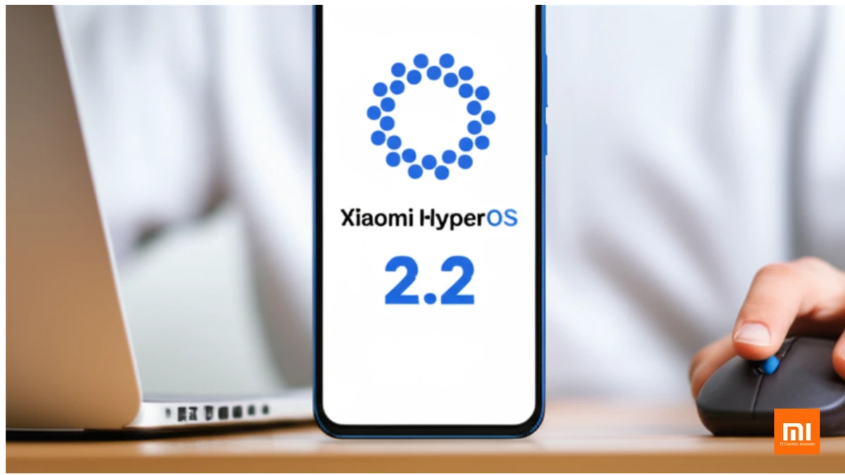 Smartphone mostrando a tela com o logo do Xiaomi HyperOS e o número 2.2, sobre uma mesa de madeira com um laptop e uma mão usando um mouse sem fio. Foco no smartphone.