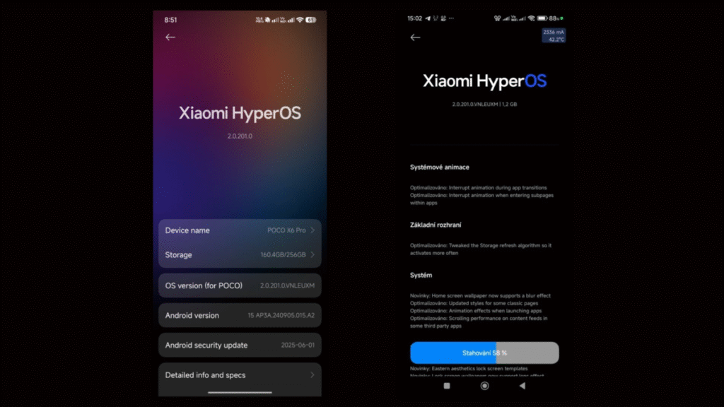 Duas capturas de tela de um celular Xiaomi Poco X6 Pro, exibindo a interface do sistema HyperOS. A tela da esquerda mostra as informações do dispositivo, incluindo nome