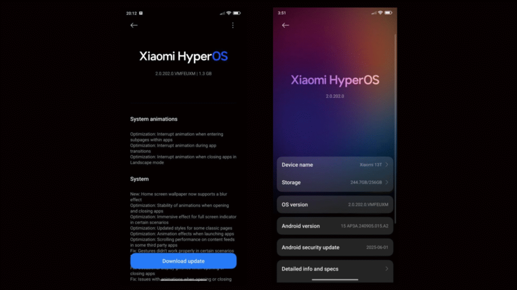 Duas capturas de tela de um celular Xiaomi com fundo escuro, mostrando a interface de atualização do sistema para o Xiaomi HyperOS. A tela da esquerda exibe o logotipo