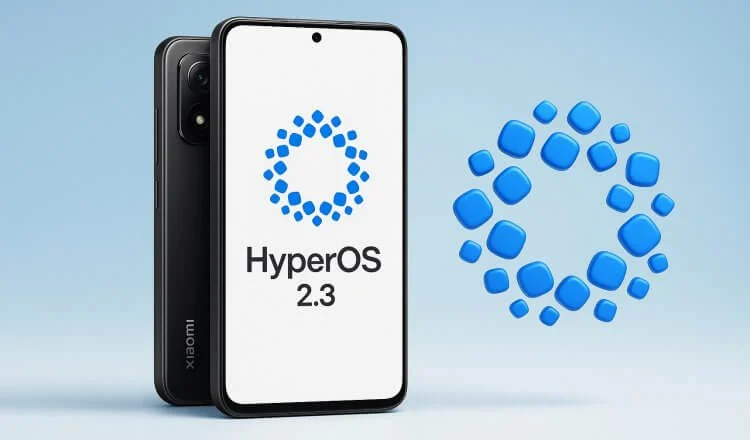 Smartphone Xiaomi com HyperOS 2.3 na tela e logotipo HyperOS ao lado