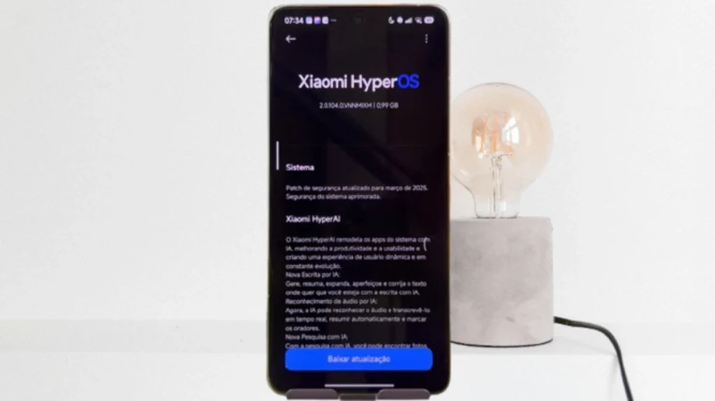 Tela de smartphone Xiaomi mostrando a interface de atualização do HyperOS 2.0.103.0 pronta para instalar.