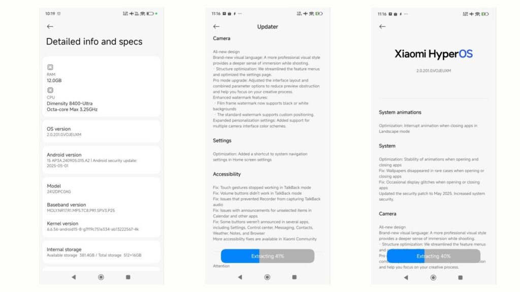 Capturas de tela de um smartphone mostrando as configurações do HyperOS 2.0.201.0, detalhes do sistema, otimizações de câmera e sistema, e uma barra de progresso de instalação.