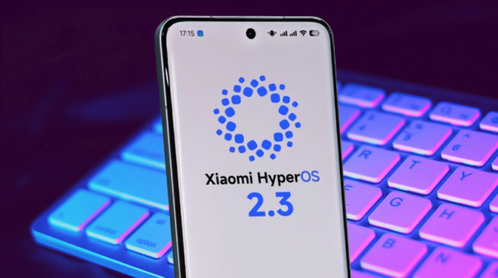 Smartphone exibindo Xiaomi HyperOS 2.3 sobre um teclado retroiluminado.