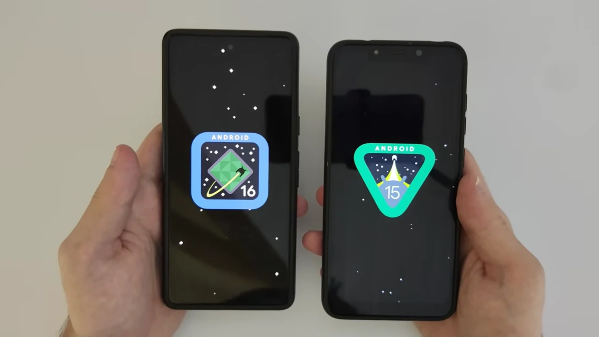 Duas mãos seguram dois smartphones lado a lado. O da esquerda exibe o logo do Android 16 (um losango verde dentro de um quadrado arredondado azul com "Android" e "16" escritos). O da direita exibe o logo do Android 15 (um triângulo verde dentro de um escudo azul com "Android" e "15" escritos). Ambos os celulares têm telas escuras com pequenos pontos brancos cintilantes ao fundo.
