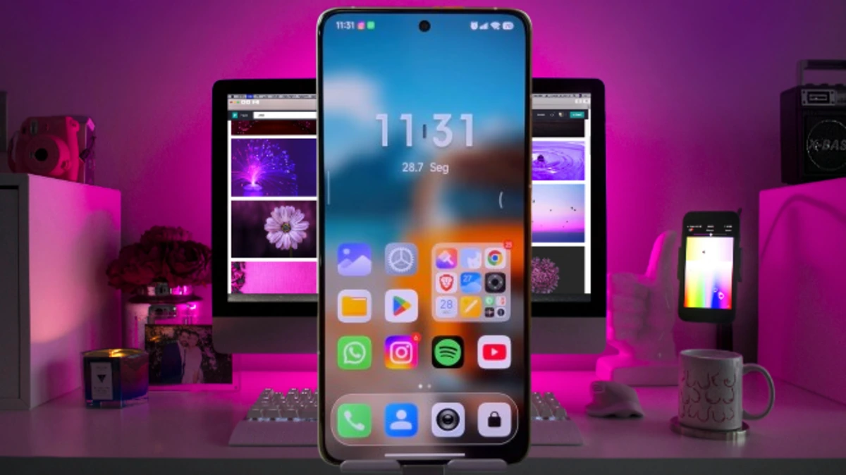 Exclusivo: Apps do HyperOS 3 Vazam! Veja Como Ter no Seu Xiaomi Hoje Mesmo 1 Smartphone Xiaomi com Novos Aplicativos do HyperOS 3 exibindo a tela inicial com novos ícones de aplicativos e papel de parede vibrante, em uma mesa com monitores e iluminação roxa.