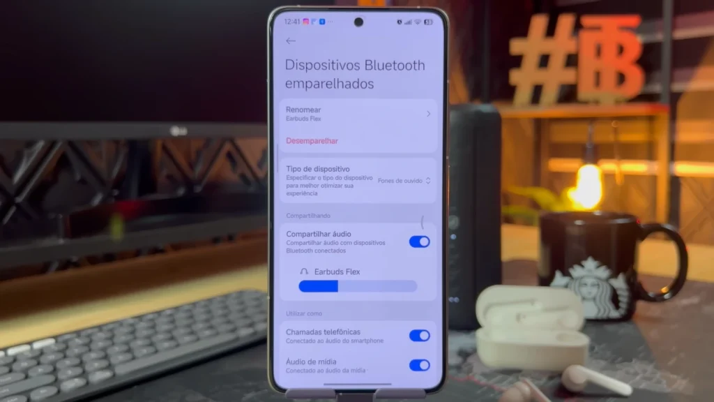 Tela de configurações do HyperOS mostrando o recurso de Compartilhamento de Áudio Bluetooth