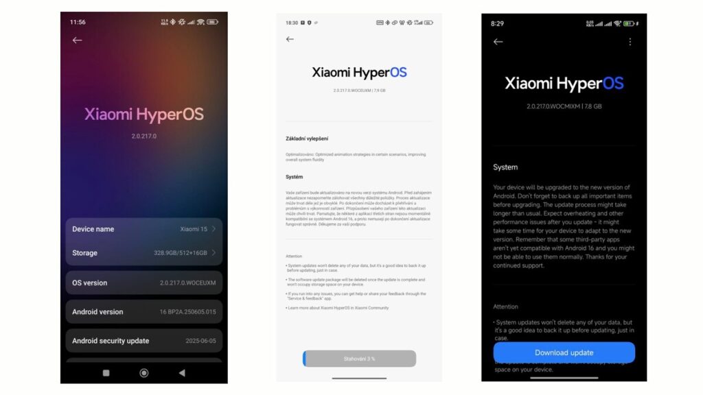 Três capturas de tela de smartphones Xiaomi exibindo a interface de atualização do Android 16 com HyperOS 2. A primeira tela mostra a versão OS 2.0.217.0 e Android 16, a segunda detalha otimizações do sistema e atenção para a atualização, e a terceira exibe um botão Download update com a versão 2.0.217.0.