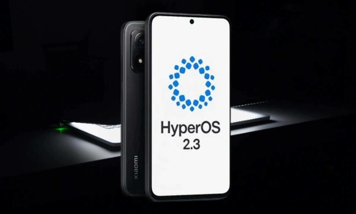 HyperOS 2.3 Chegou! Veja o Que Muda no Fim da Era HyperOS 2 4 Smartphone com tela exibindo o logo "HyperOS 2.3" e um segundo aparelho parcialmente visível ao fundo.