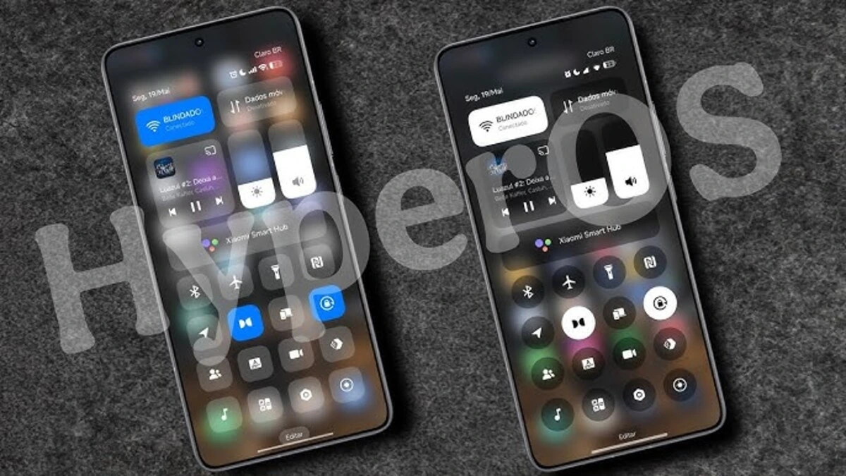 Dois smartphones Xiaomi lado a lado, mostrando a interface do HyperOS 3. O dispositivo da esquerda exibe o centro de controle em modo claro, enquanto o da direita está em modo escuro. Ao fundo, o logo do sistema HyperOS 3 é visível, destacando os Novos Apps do HyperOS 3.