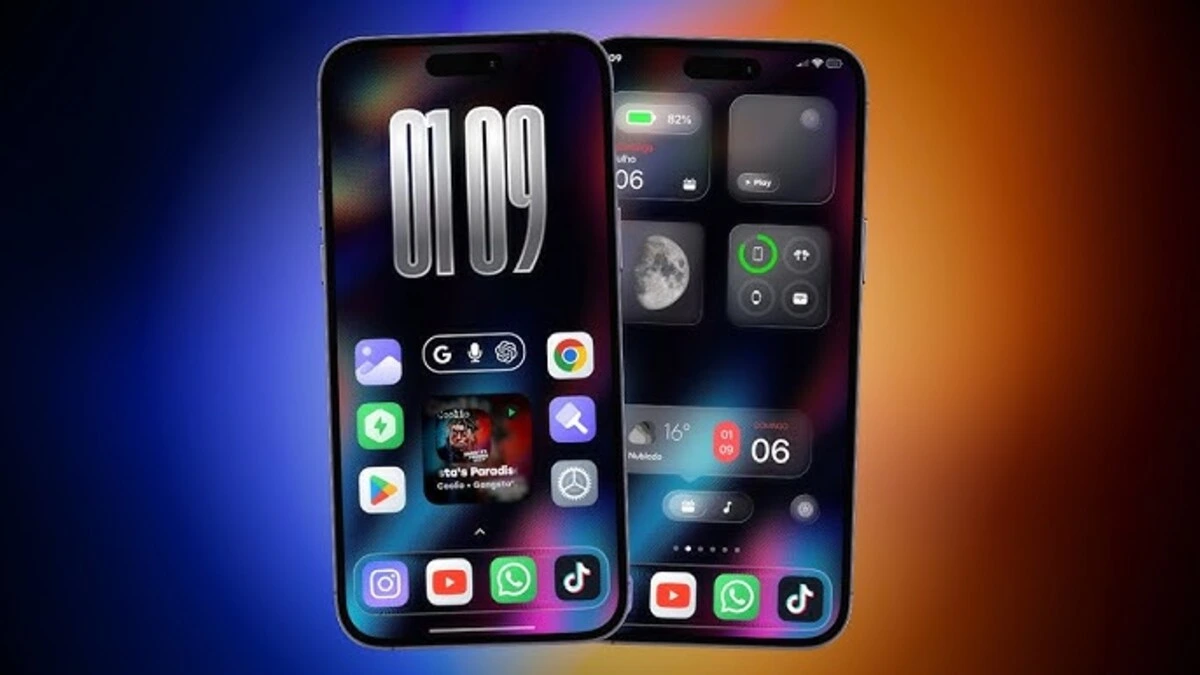 Dois smartphones exibindo a interface HyperOS com diferentes configurações de tela inicial, um mostrando um widget de hora grande e outro com vários widgets menores e ícones de aplicativos.