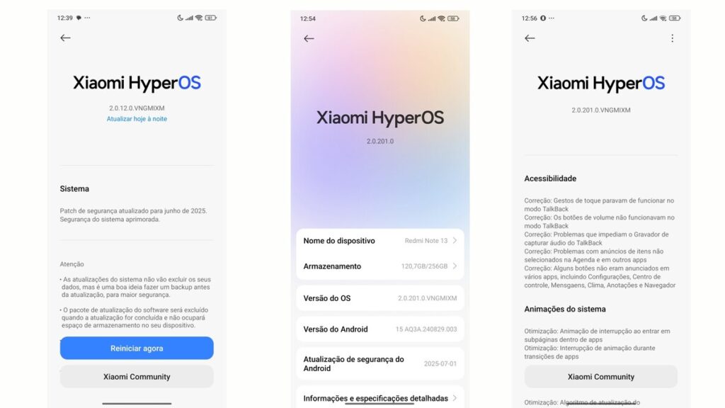 Três capturas de tela de um smartphone Xiaomi Redmi Note 13 4G mostrando o processo de atualização para o HyperOS 2.2, detalhes da versão do sistema e melhorias de acessibilidade e animações.