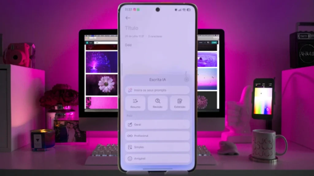 Smartphone Xiaomi com o novo aplicativo de Notas do HyperOS 3, exibindo a interface de escrita com opções de IA para resumir, revisar e estender texto.
