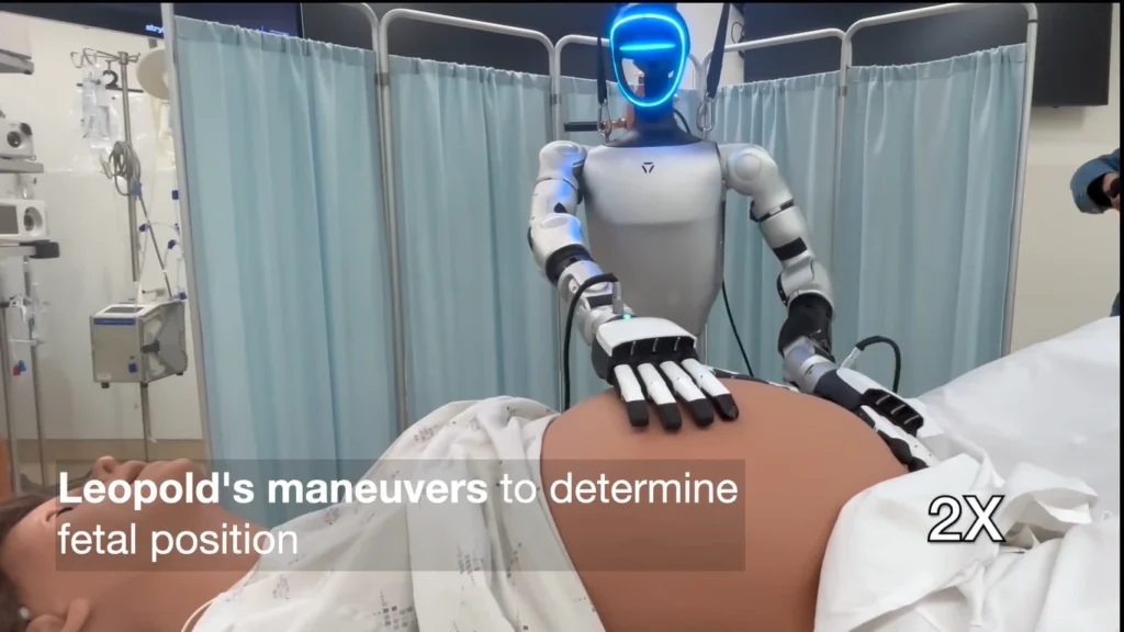 Robôs-Médicos humanoide realizando as Manobras de Leopold em uma paciente deitada em uma maca hospitalar para determinar a posição fetal.
