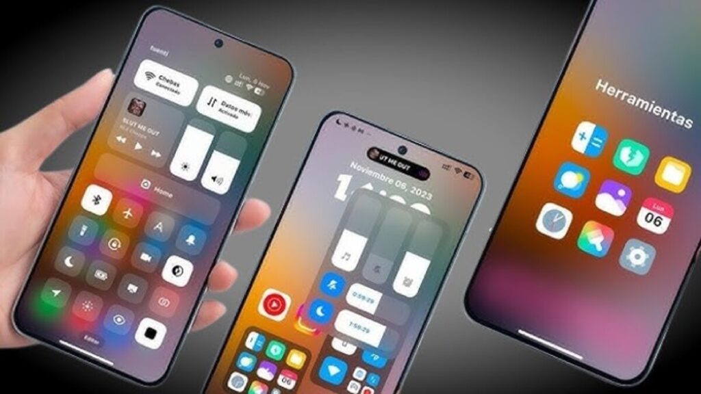 Mão segurando um smartphone Xiaomi exibindo o recurso **Smart Island** do **HyperOS 3** e o centro de controle redesenhado, com outros dois celulares ao fundo mostrando diferentes interfaces.