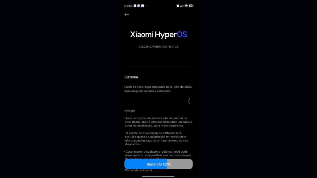 Uma captura de tela de um smartphone mostrando a tela de atualização do Xiaomi HyperOS 2.3.