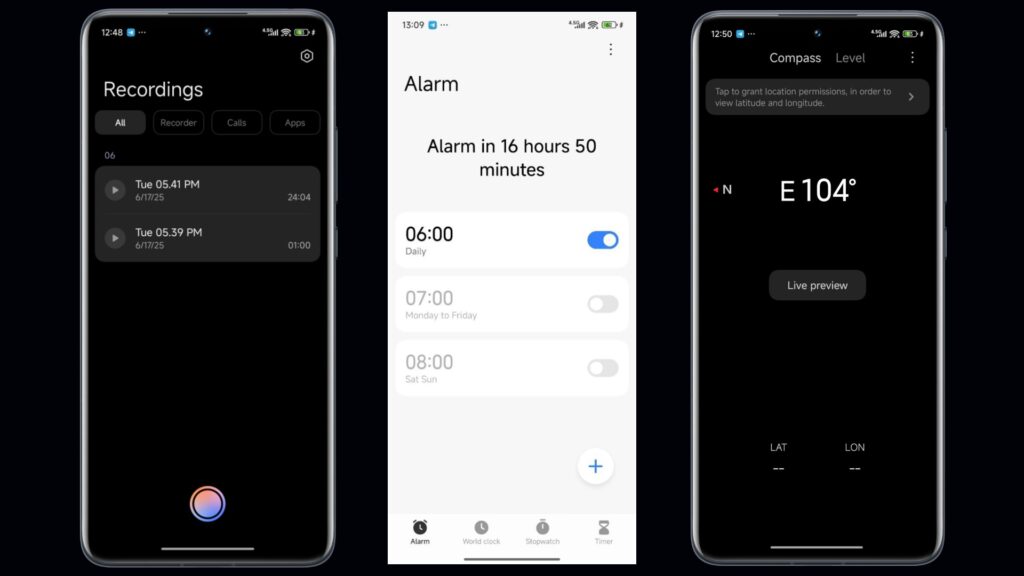 Três capturas de tela de um celular com a interface do HyperOS 3, mostrando o aplicativo de gravador de voz, o alarme e a bússola.