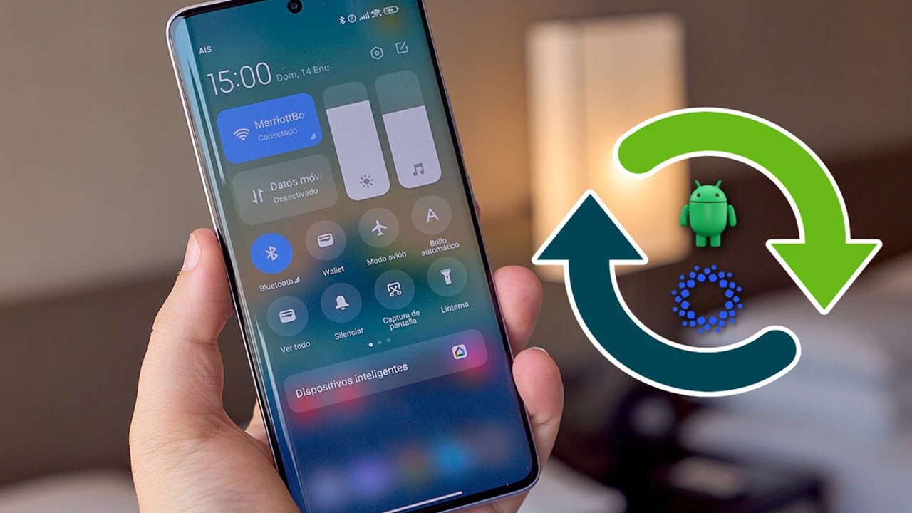 Android 16 chega aos dispositivos Xiaomi: testes já começaram para Redmi e POCO. A imagem mostra um smartphone Xiaomi, com sua tela exibindo a central de controle e notificações. Ao lado do celular, há uma ilustração de um ícone do Android e a logo do HyperOS, com setas verdes e azuis formando um círculo, simbolizando a atualização do sistema operacional.
