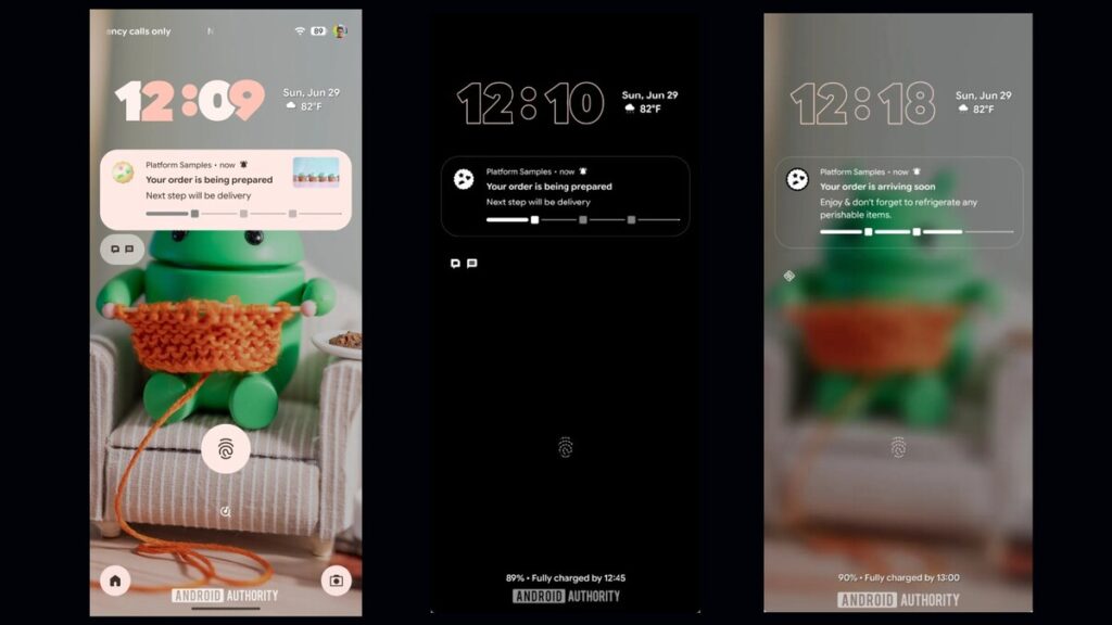 A imagem é uma representação de três telas de bloqueio de um dispositivo Android, apresentando o que parece ser a funcionalidade de