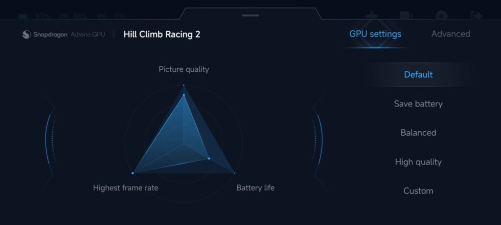 Interface do Game Turbo Atualizado, mostrando as configurações de desempenho para o jogo Hill Climb Racing 2.