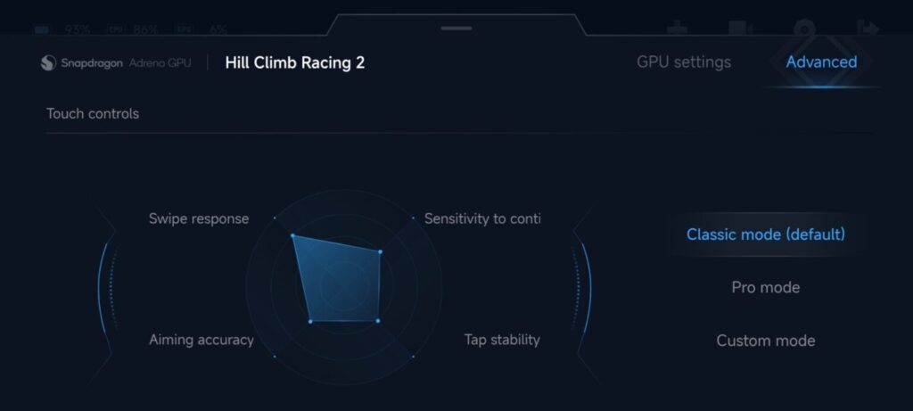 A imagem mostra a tela de configurações avançadas do Game Turbo Atualizado, onde é possível ajustar a sensibilidade do toque, a resposta do toque, a precisão da mira e a estabilidade do toque.