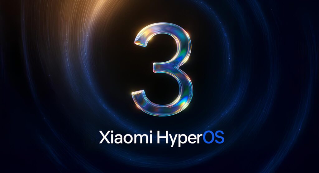 A imagem apresenta um design abstrato e futurista para o lançamento do Xiaomi HyperOS 3. O destaque central é um grande número