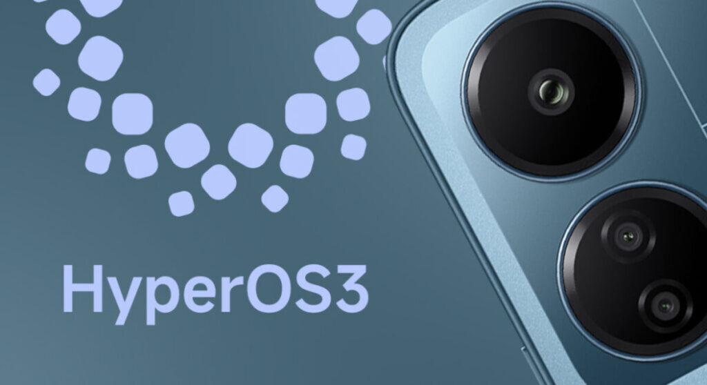 Close-up de um celular azul com duas câmeras traseiras redondas e o texto "HyperOS 3 Global" em letras brancas à esquerda, acompanhado de um padrão de formas arredondadas em tom mais claro de azul ao fundo.