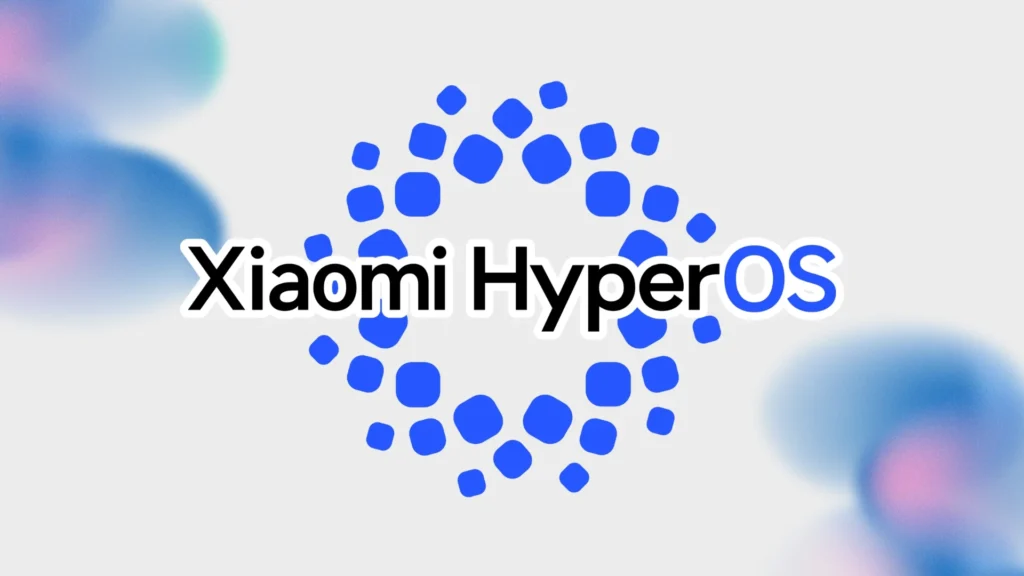 O logotipo azul do Xiaomi HyperOS com o nome do sistema operacional em texto preto e branco em um fundo claro.