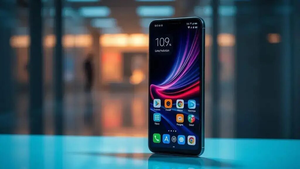 Um smartphone Xiaomi com a tela inicial mostrando o logotipo do HyperOS 2.2 e aplicativos.