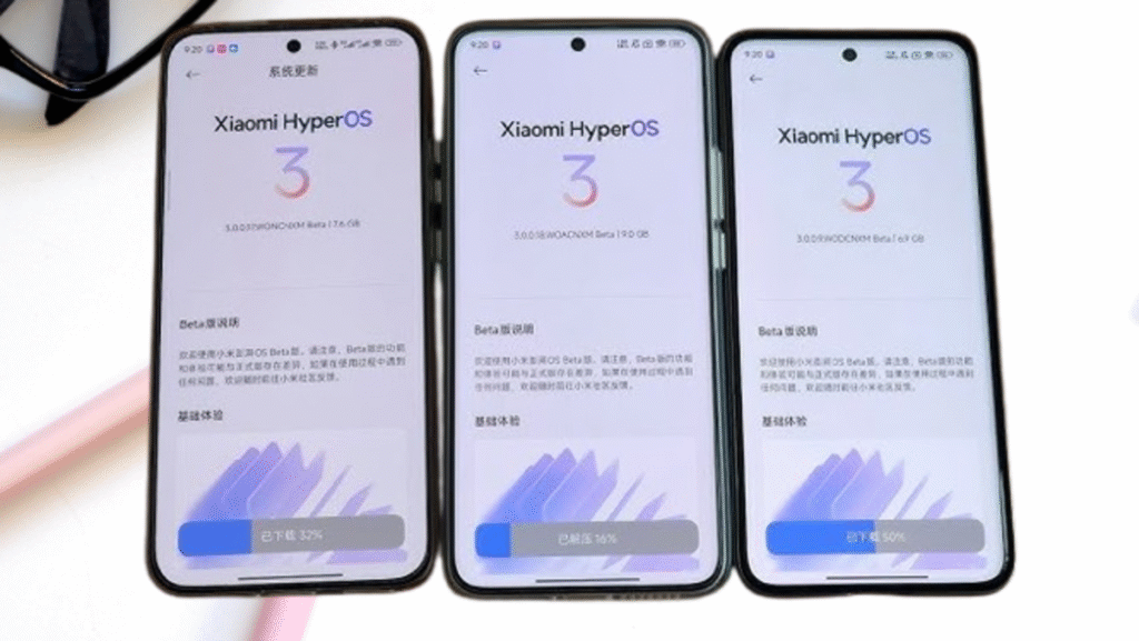 Smartphones Xiaomi exibindo a tela de atualização do HyperOS 3 Global Beta com correções de bugs antes do lançamento oficial.