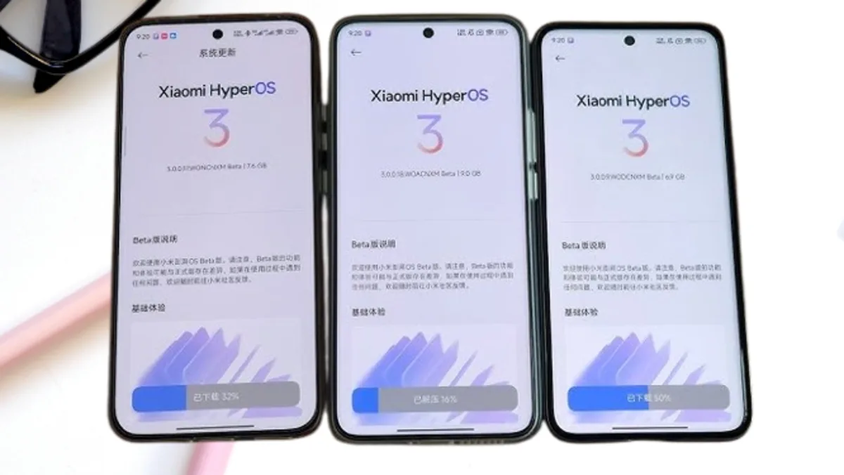Smartphones Xiaomi exibindo a tela de atualização do HyperOS 3 Global Beta com correções de bugs antes do lançamento oficial.