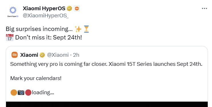Captura de tela de duas publicações na rede social X (antigo Twitter). A primeira, do perfil verificado Xiaomi HyperOS, anuncia