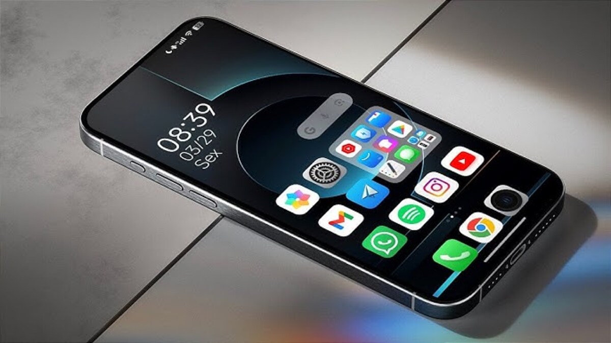 Smartphone exibindo a tela inicial com o novo design do HyperOS Launcher 3, apresentando ícones modernos e interface elegante.
