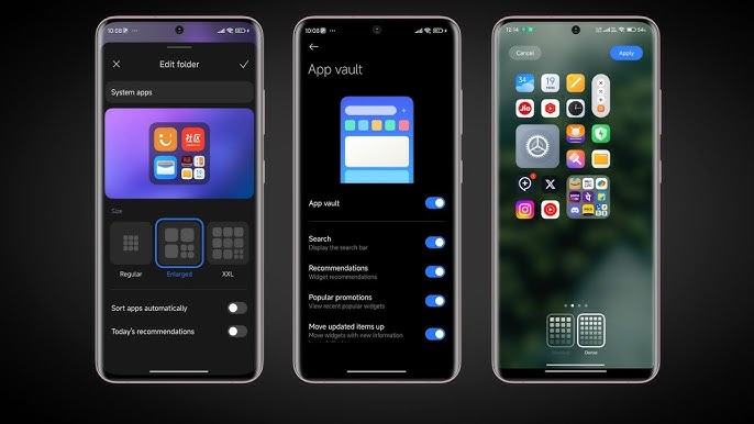Telas de configuração do Poco Launcher mostrando opções de personalização de pastas, App Vault e organização de ícones no Android.