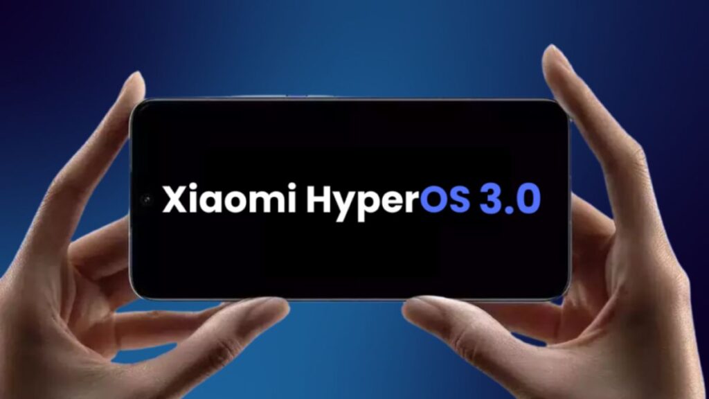 Smartphone exibindo a tela inicial do Xiaomi HyperOS 3 em fundo azul