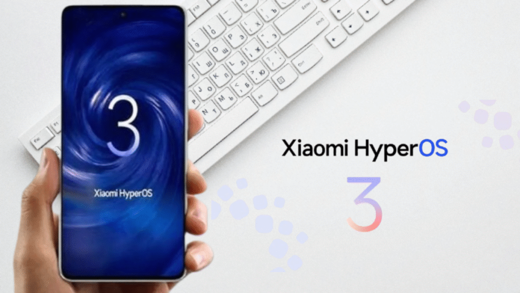 Imagem promocional do HyperOS 3 Global da Xiaomi exibido em um smartphone, destacando a nova interface e melhorias do sistema.