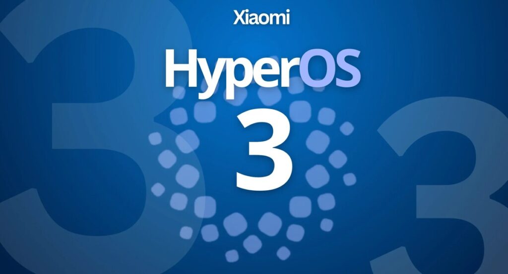 Banner digital com o logotipo HyperOS 3 Global em destaque. O fundo azul escuro apresenta o nome "HyperOS" em branco e azul, com um grande número "3" em branco abaixo. O logotipo da Xiaomi está no topo. Elementos gráficos em pontos e números "3" transparentes preenchem o fundo, sugerindo o lançamento global do sistema operacional.
