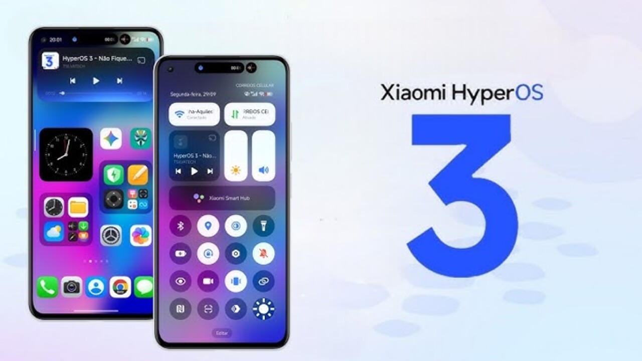 Xiaomi HyperOS 3 Liberado! Confira as Atualizações em Tempo Real para Redmi e POCO 2 Interface do sistema HyperOS 3 da Xiaomi exibida em dois smartphones, mostrando novo design visual e centro de controle atualizado.