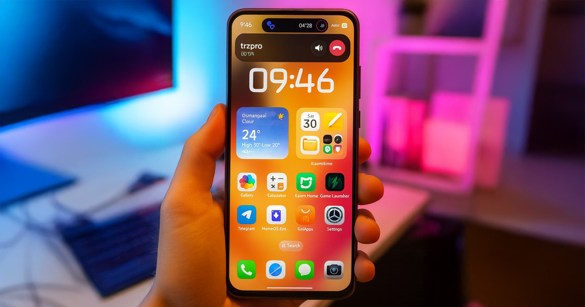 Xiaomi HyperOS 3 Global: Grande Chuva de Atualizações Começa Agora! 4 Uma mão segurando um smartphone Xiaomi exibindo a interface do usuário do Xiaomi HyperOS 3 Gloabal com ícones coloridos, widgets e uma barra de status dinâmica, em um cenário de fundo desfocado com luzes neon azul e rosa.