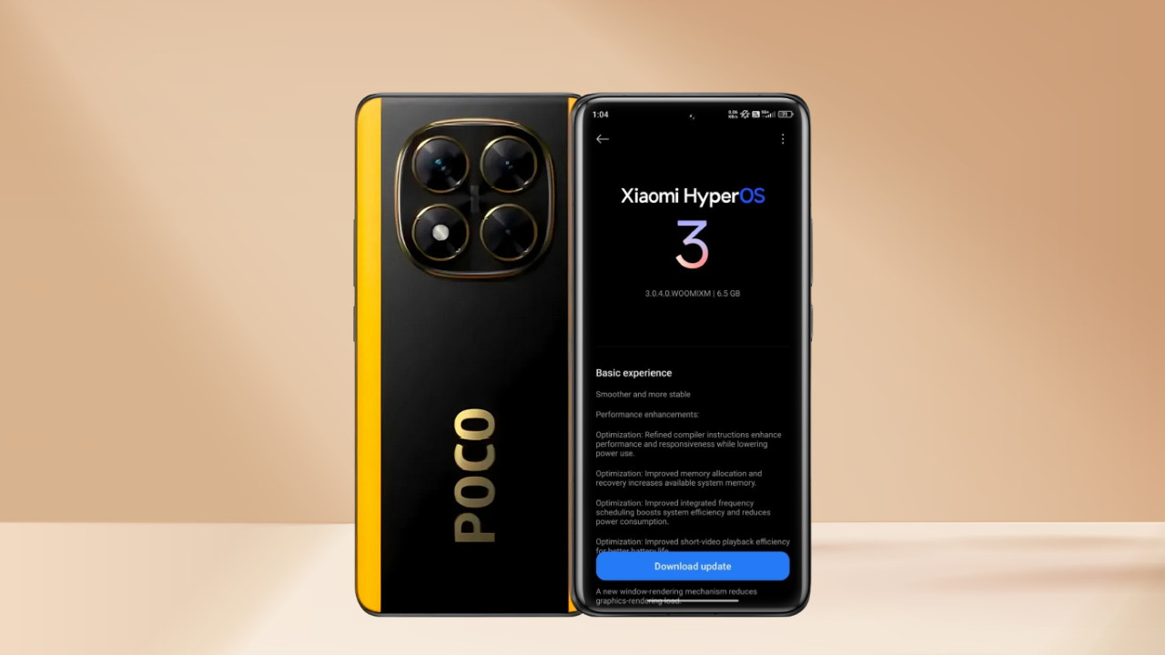 HyperOS 3 Global Estável Chega ao POCO X7 com o Novo Android 16 3 Smartphone POCO X7 preto e amarelo, mostrando a tela de atualização para o HyperOS 3 Global Estável com detalhes do changelog
