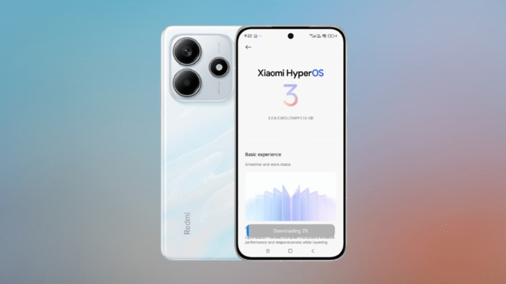 Redmi Note 14 4G branco com tela exibindo atualização HyperOS 3 Global download