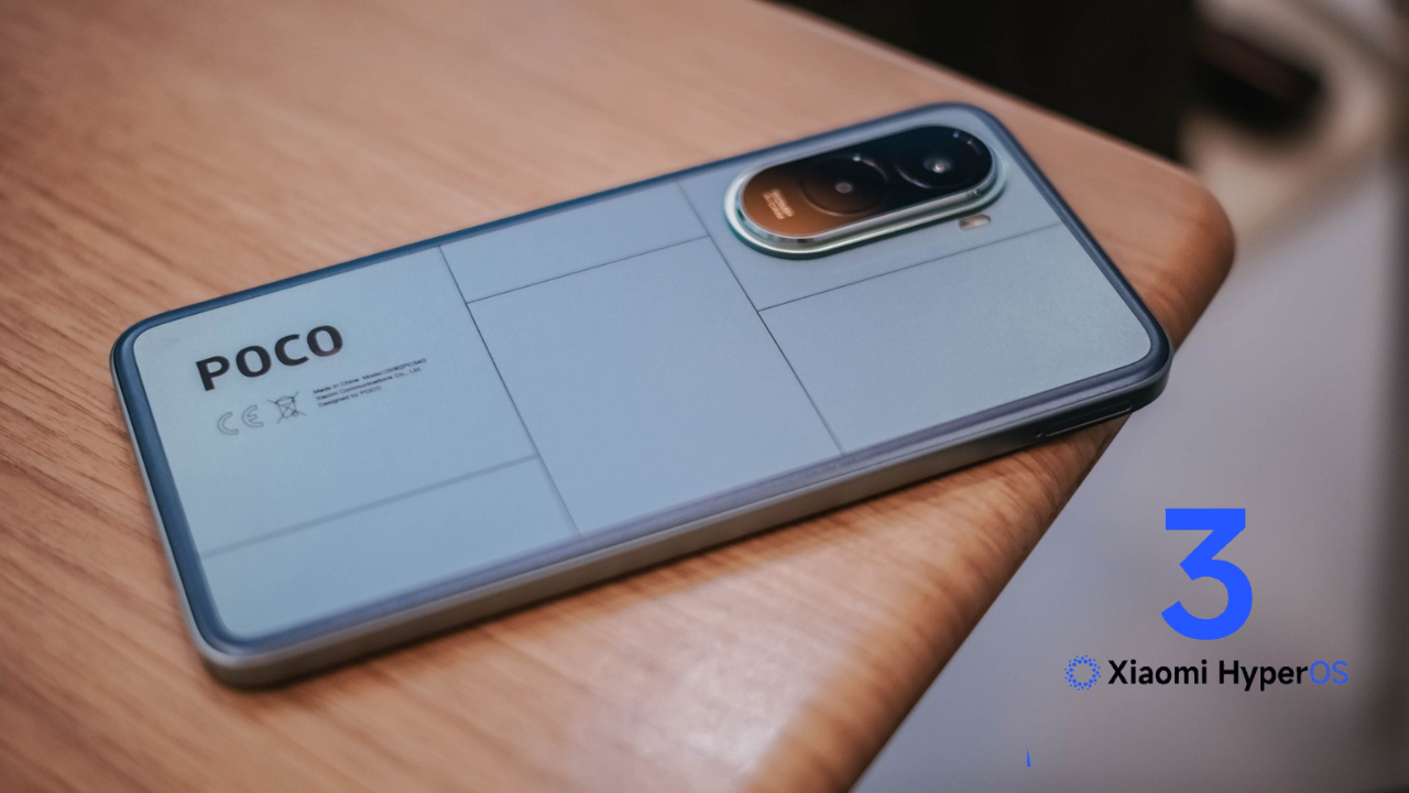 HyperOS 3 Global: Novo Fôlego Chega ao Redmi 15 e POCO M7 1 Smartphone POCO M7 ou Redmi 15 com design cinza e logo HyperOS 3 Global estável, representando a atualização global do sistema