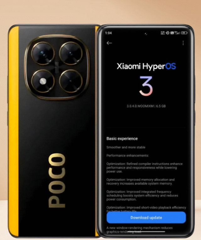 Smartphone POCO X7 preto e amarelo, mostrando a tela de atualização para o HyperOS 3 Global Estável com detalhes do changelog
