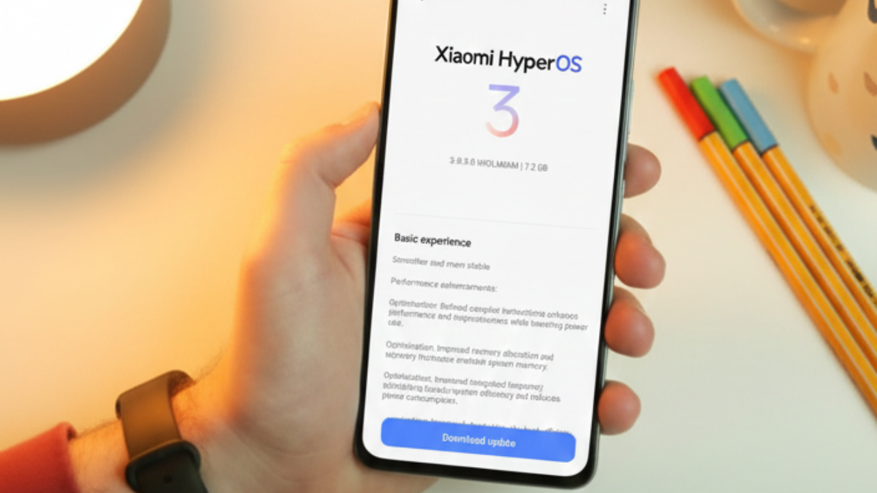 Interface de atualização do Xiaomi HyperOS 3 exibida em um smartphone, com o botão 