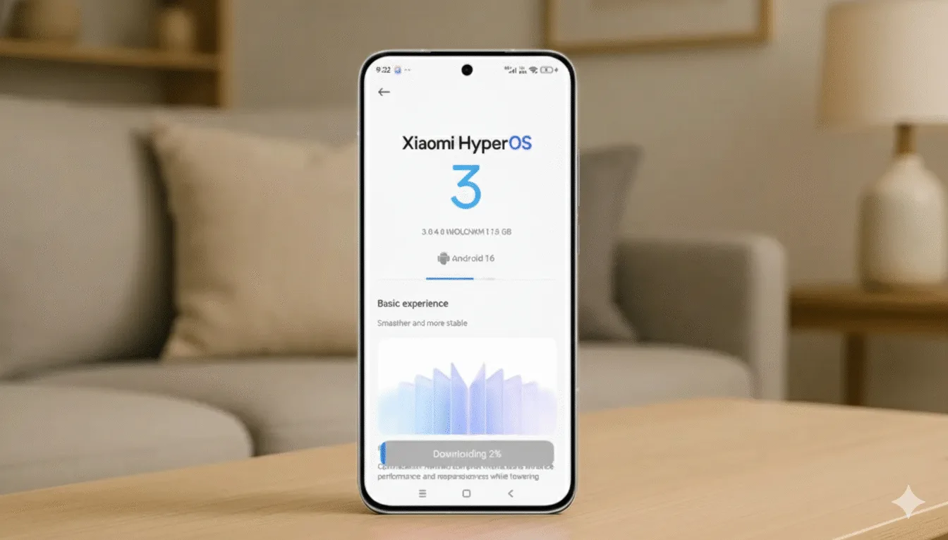 Smartphone Xiaomi exibindo a tela de atualização do HyperOS 3 baseada no Android 16.