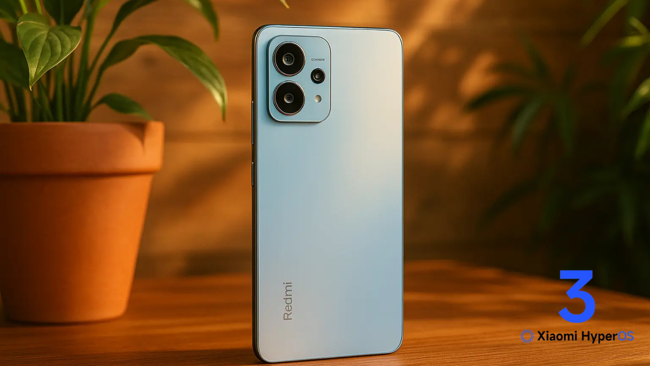 Smartphone Redmi Note 14 4G na cor azul claro posicionado verticalmente, mostrando em sua tela a interface de atualização do sistema Xiaomi HyperOS. Ao lado, a parte traseira do aparelho destaca o conjunto de câmeras triplas e o logotipo da marca. Fundo em degradê suave.