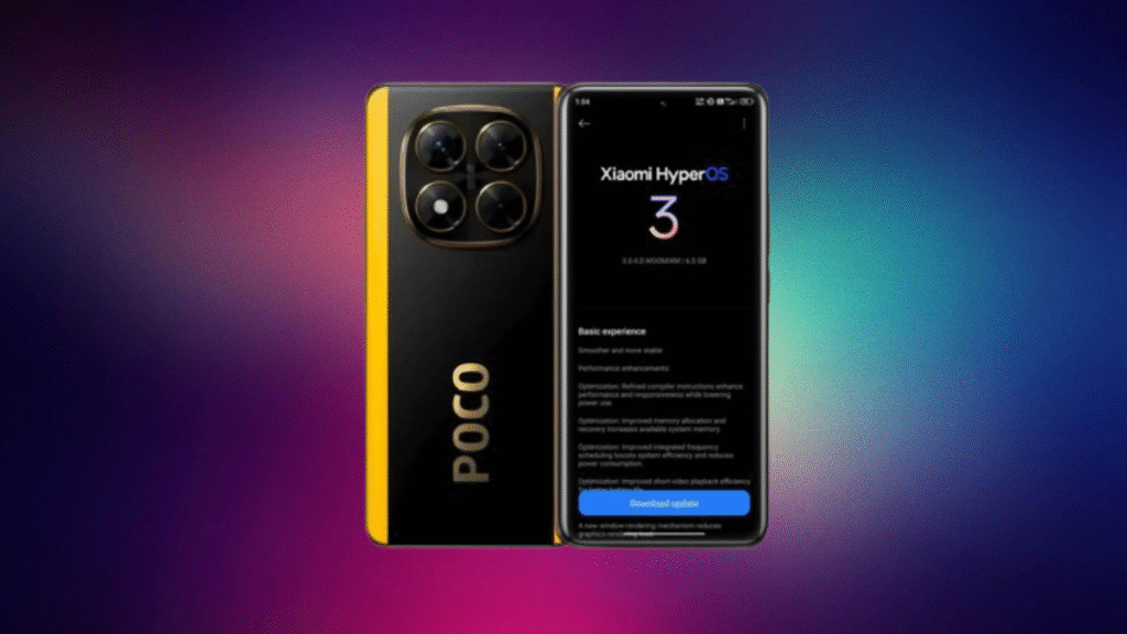 Poco X7, HyperOS 3: Segunda Atualização Já Chegou! Confira o Status Global 2 Poco X7 amarelo com módulo de câmera quádrupla e tela exibindo a primeira atualização Xiaomi HyperOS 3 versão 0.4.0 MIXM