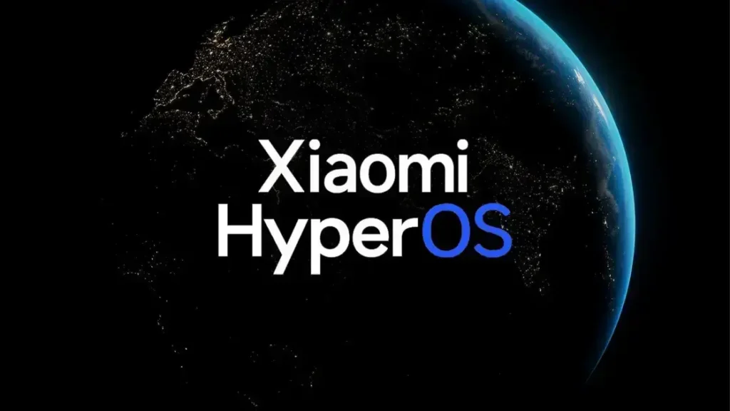 Logotipo oficial do sistema Xiaomi HyperOS centralizado sobre uma imagem do planeta Terra visto do espaço à noite, com luzes de cidades visíveis, preparando o anúncio da atualização HyperOS 3.